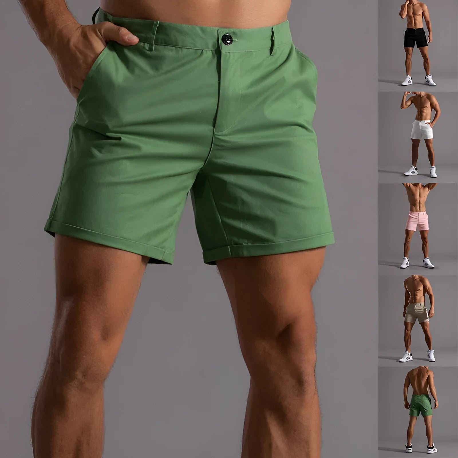 Men's cotton summer button beach shorts with pockets, straight leg, in army green colour option