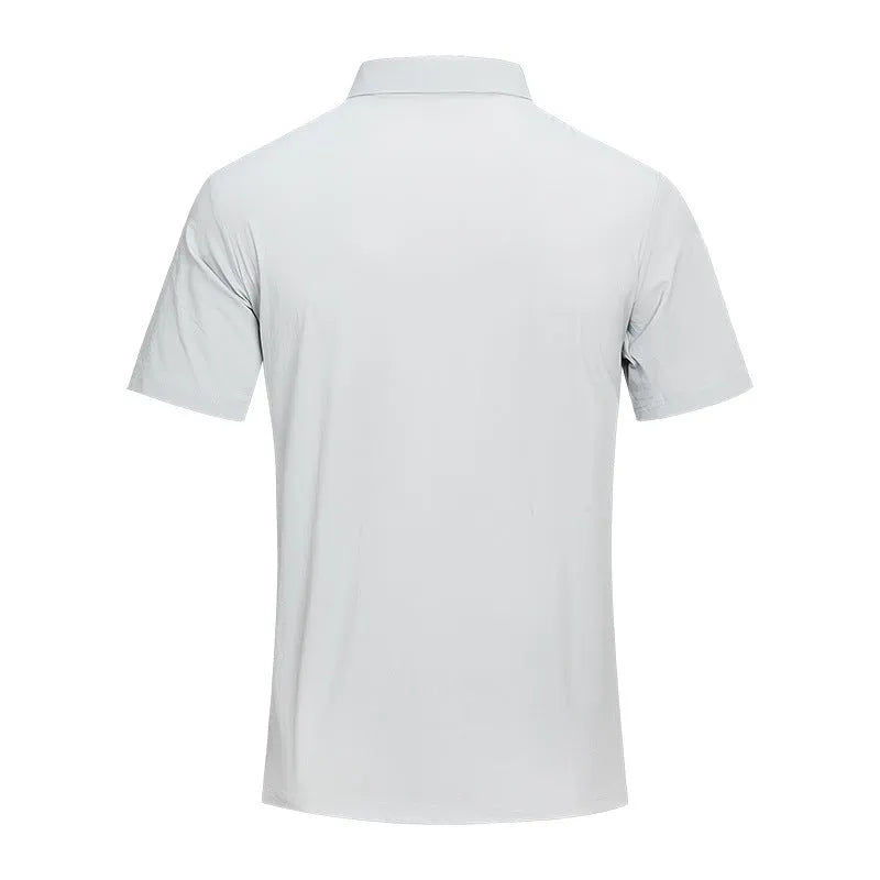 Men's solid colour quick-dry polo shirt on a hanger showing short sleeves and regular fit.