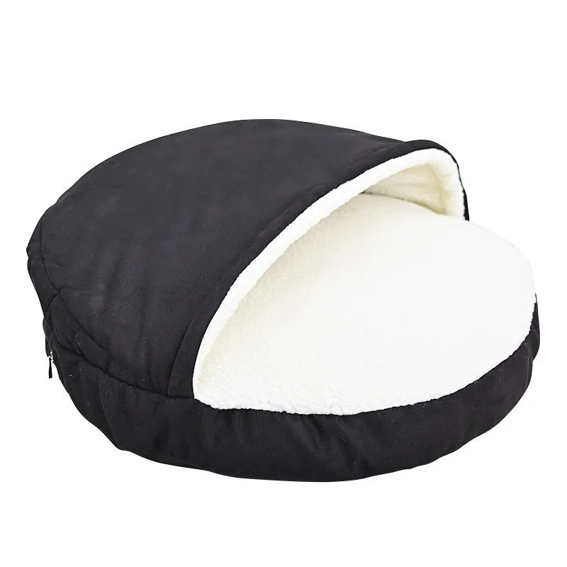 Brown cloth dog kennel with a removable washable cover shown next to a grey version.