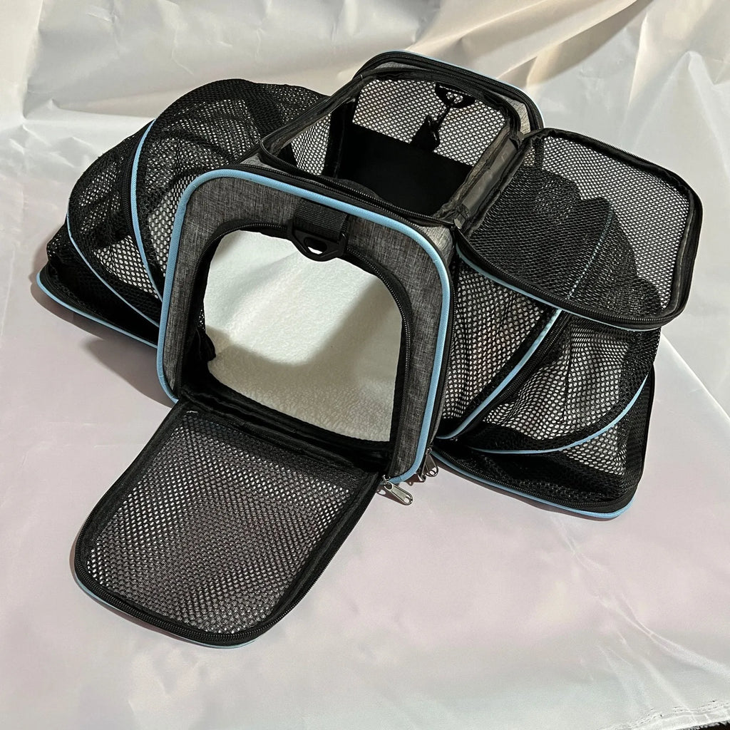 600D cation fabric cat carrier bag in black with red piping, showing medium-soft construction and large capacity design