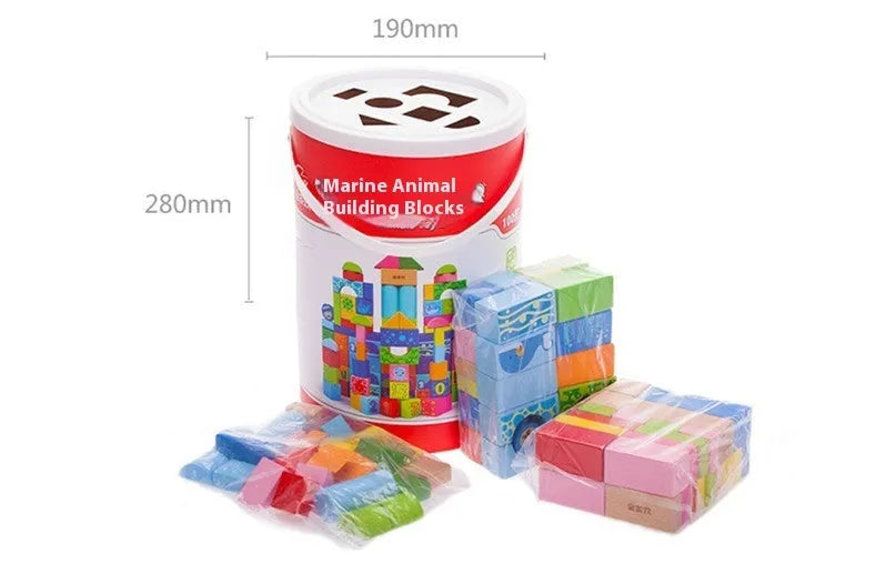 Ocean 100 puzzle blocks made of beech and maple wood in a paper tube with marine life designs