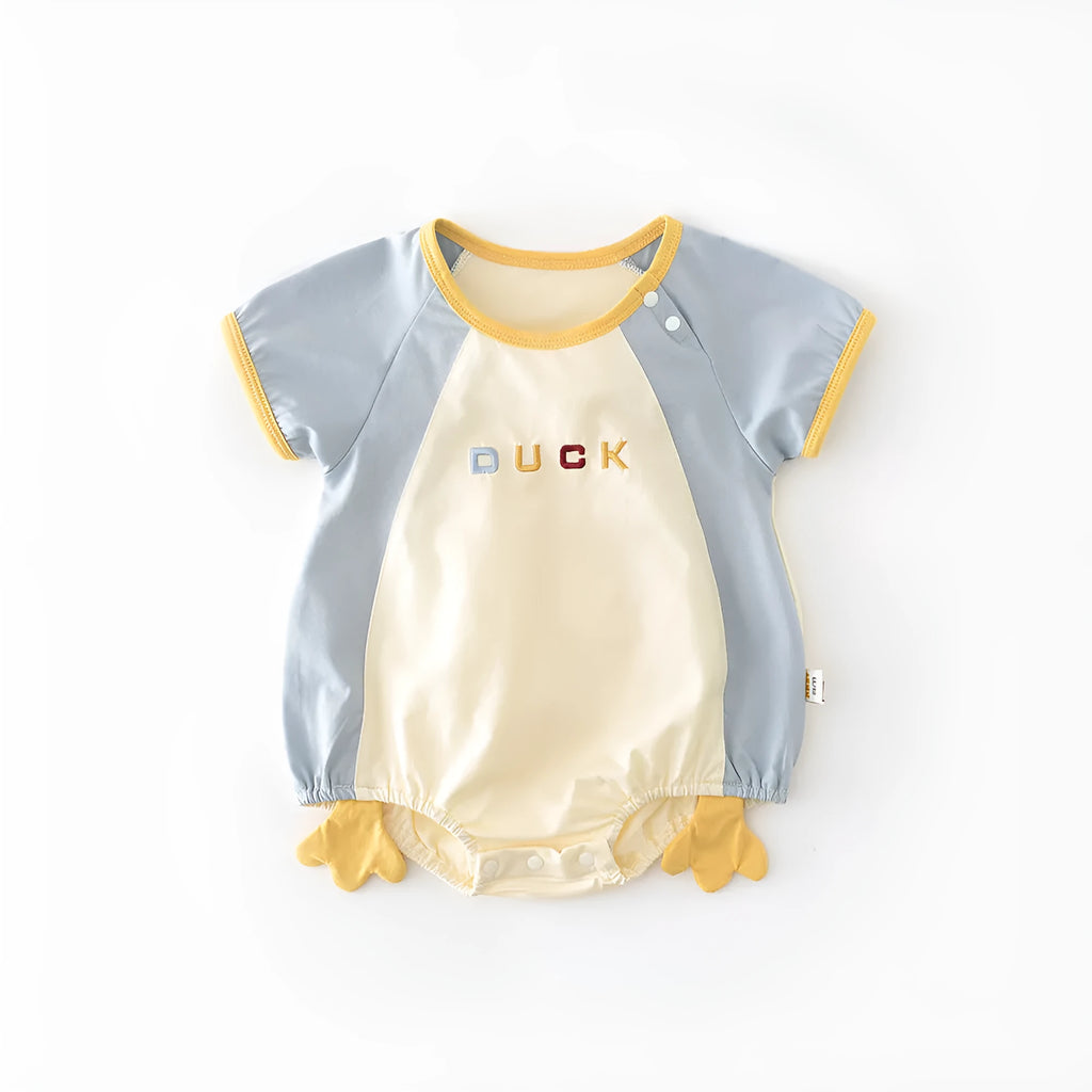 Newborn contrast colour short-sleeved romper 52857 in beige and blue duck cotton blend fabric