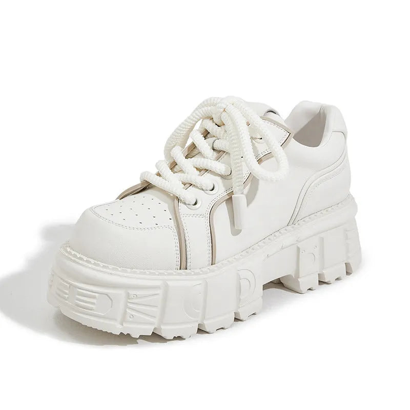 Women's beige leather casual shoes with muffin bottom height-increasing design