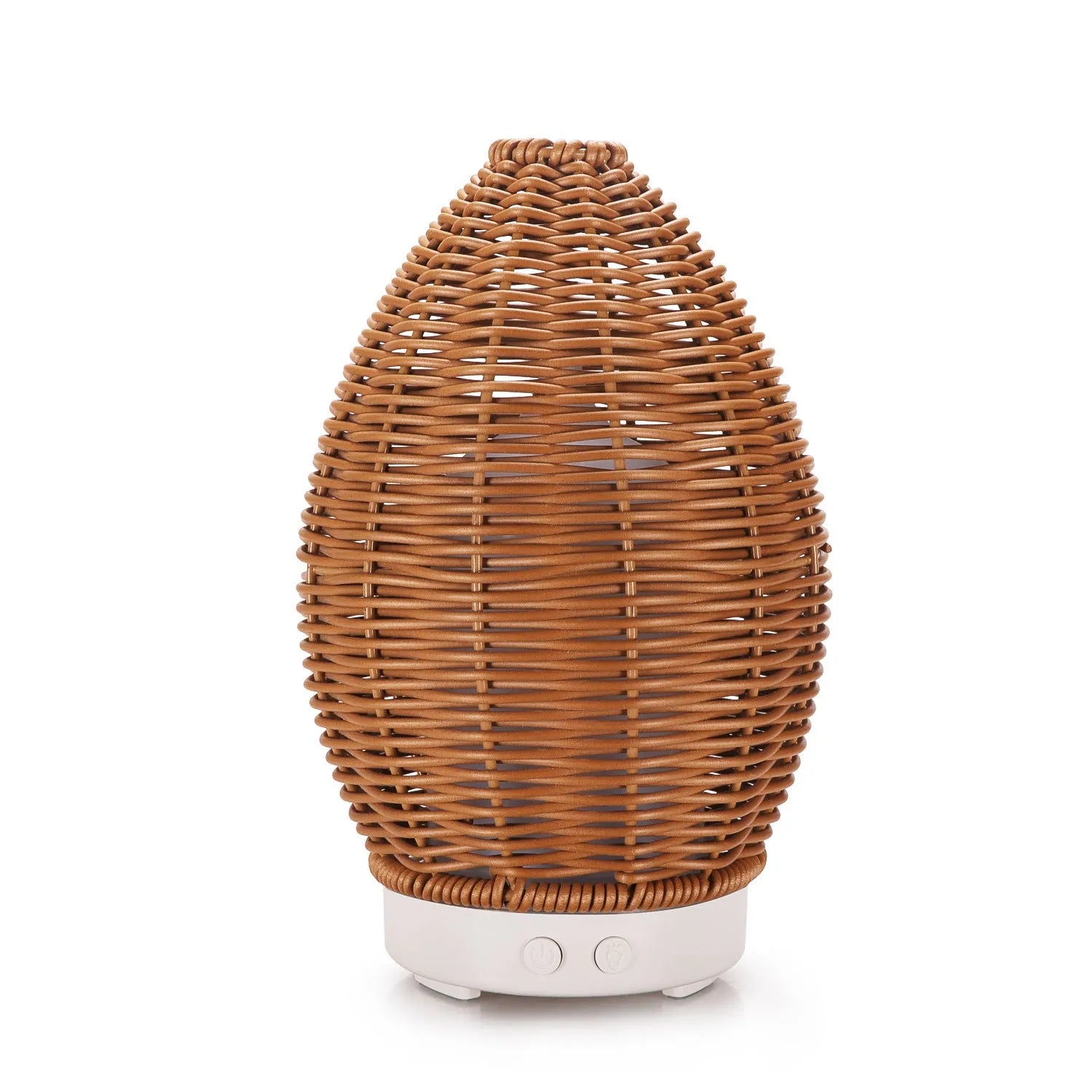 Light wood grain rattan-style ultrasonic aroma diffuser with 100ml capacity tank.