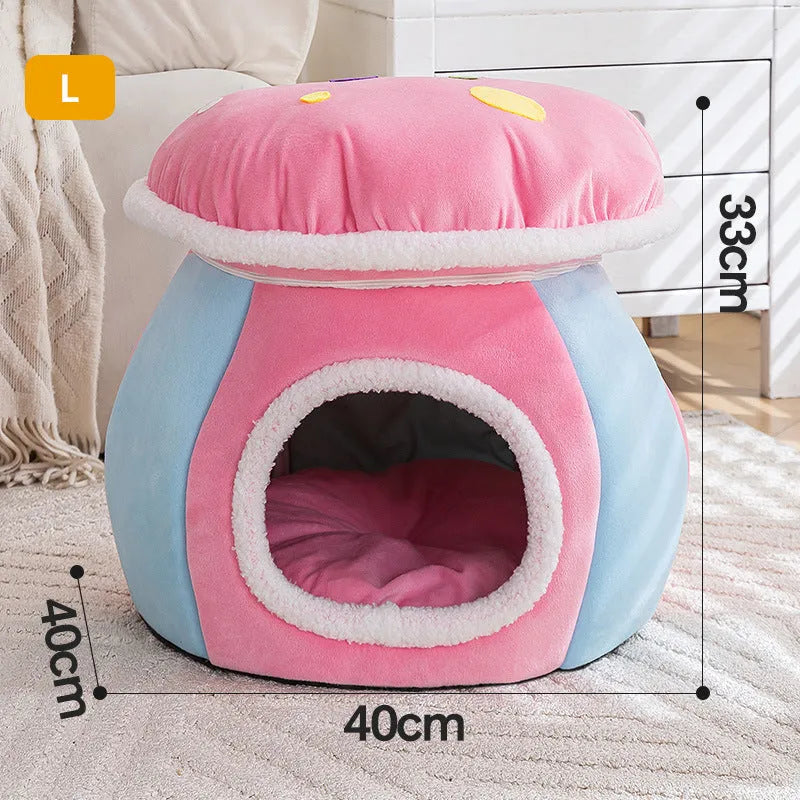 Grey mushroom-shaped plush cat bed on a wooden floor