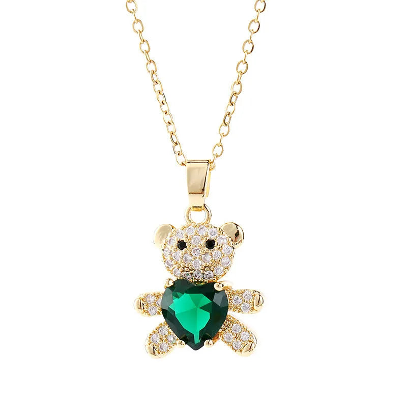 Copper bear necklace with micro inlaid zircon and love gem, 41-50cm chain, six colour options