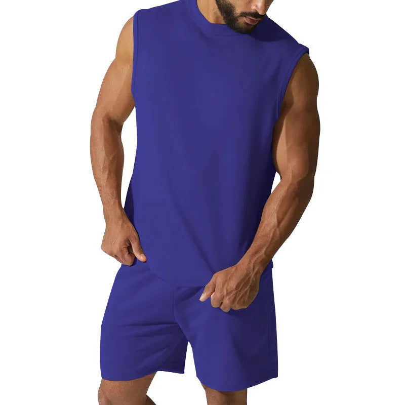 Men's sleeveless cotton blend sports set showing top and shorts in a solid colour.