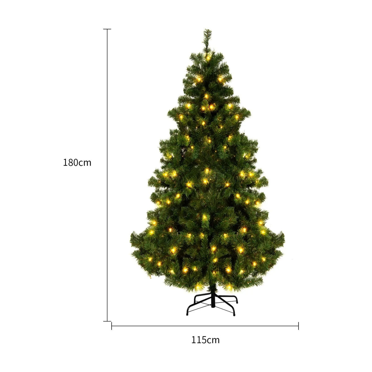 Green and white artificial PVC Christmas tree with snow effect and metal stand.