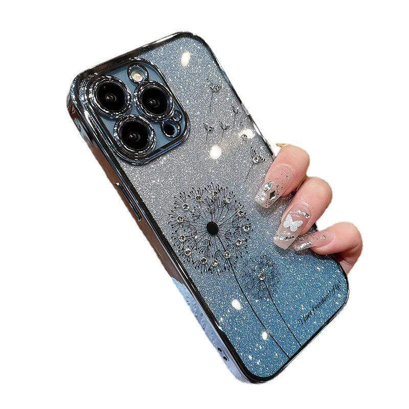 Dandelion gradient glitter silicone phone case for iPhone 14 Pro Max with purple electroplated finish and transparent base