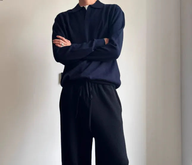 Men's pure wool polo sweater with lapel collar in milky white or navy blue