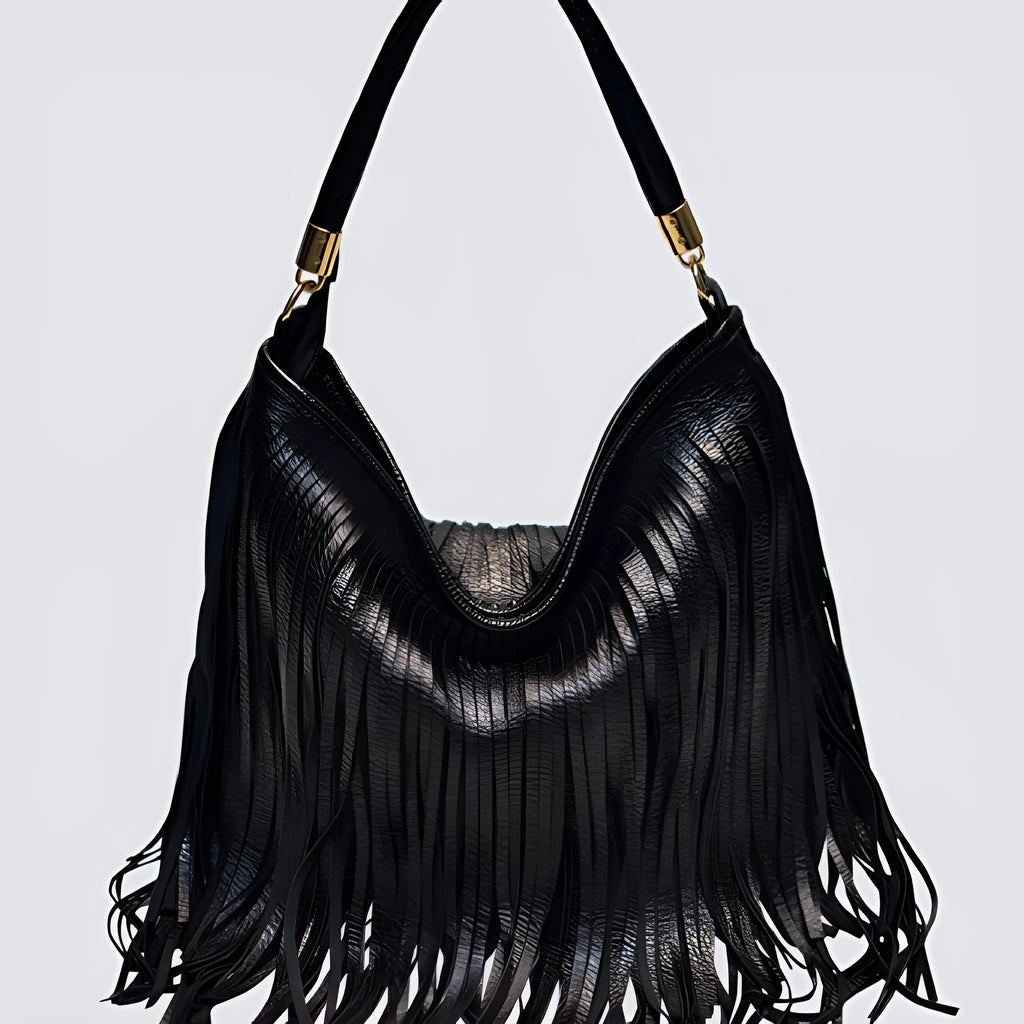 Double-sided tassel handbag in black or brown PU, 33cm wide, 29cm high, 6cm thick, with adjustable 124cm strap.
