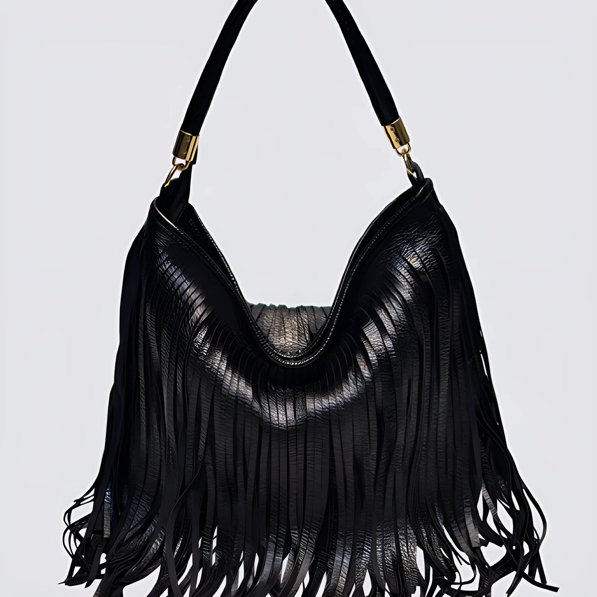 Double-sided tassel handbag in black or brown PU, 33cm wide, 29cm high, 6cm thick, with adjustable 124cm strap.