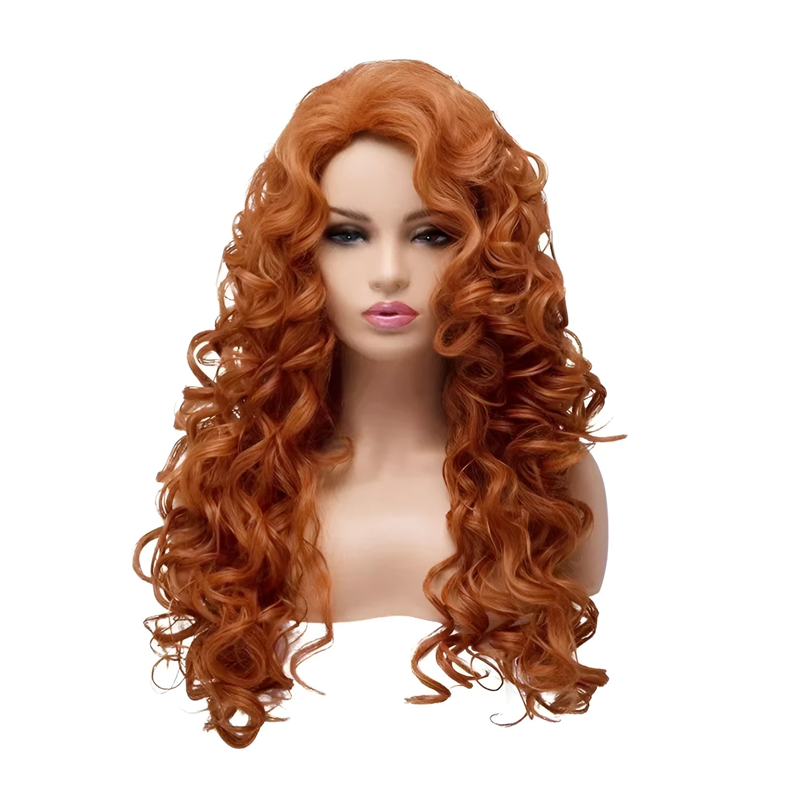 Long brown curly wig with instant noodles-style texture on wig head