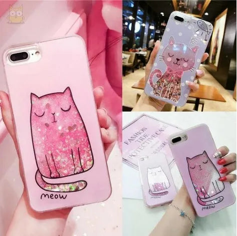 Four cat phone cases with glitter designs for iPhone 6 to iPhone X in bright colours