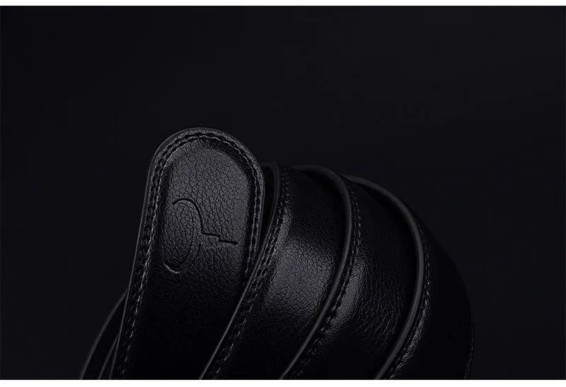 Automatic buckle two-layer cowhide belt for men, rectangular alloy buckle, black colour, standard width