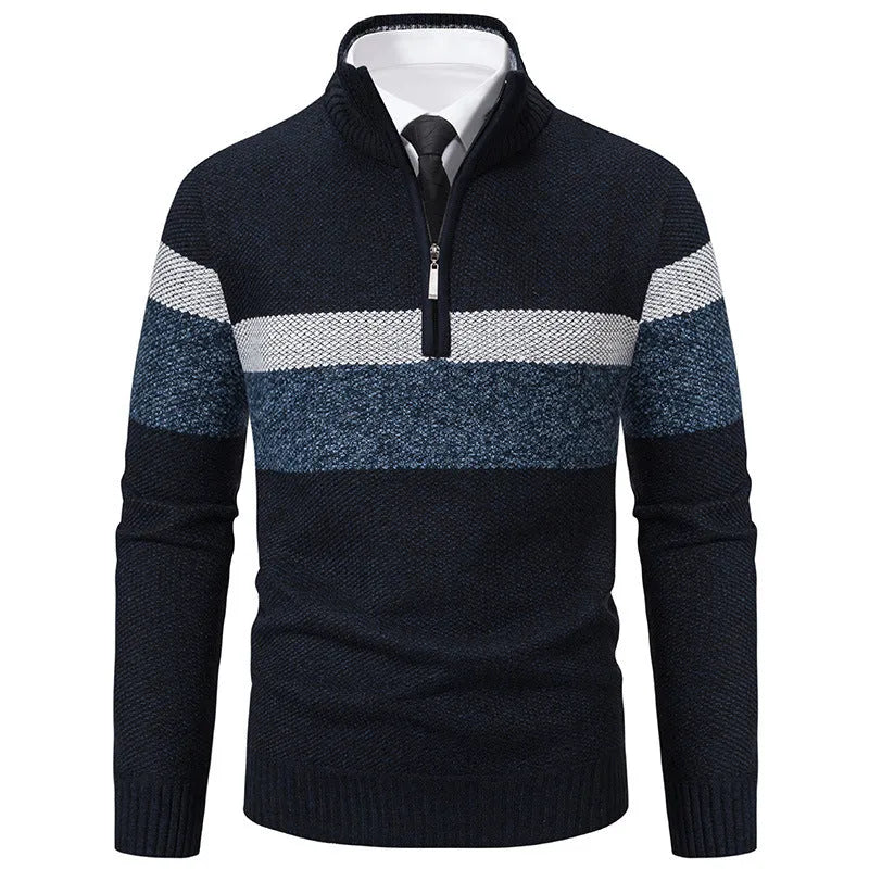 Plus size stand collar knitted sweater in purplish blue, loose thickened polyester pullover with long sleeves
