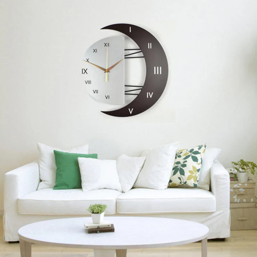Round wooden MDF art wall clock with 24-hour indication, sweep movement, and Arabian or Roman numerals