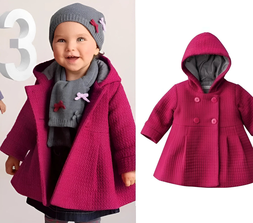 Girls' hooded winter coat in pink, purple or shrimp pink, sizes 80cm to 100cm with size chart.