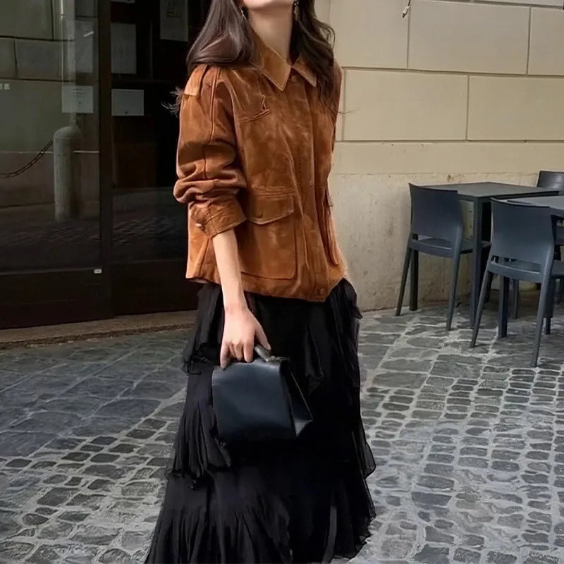 Women's brown street chic suede-look coat with regular sleeves