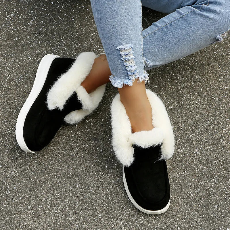 Women's snow boots ankle boots suede upper plush fur lining black colour low heel round toe