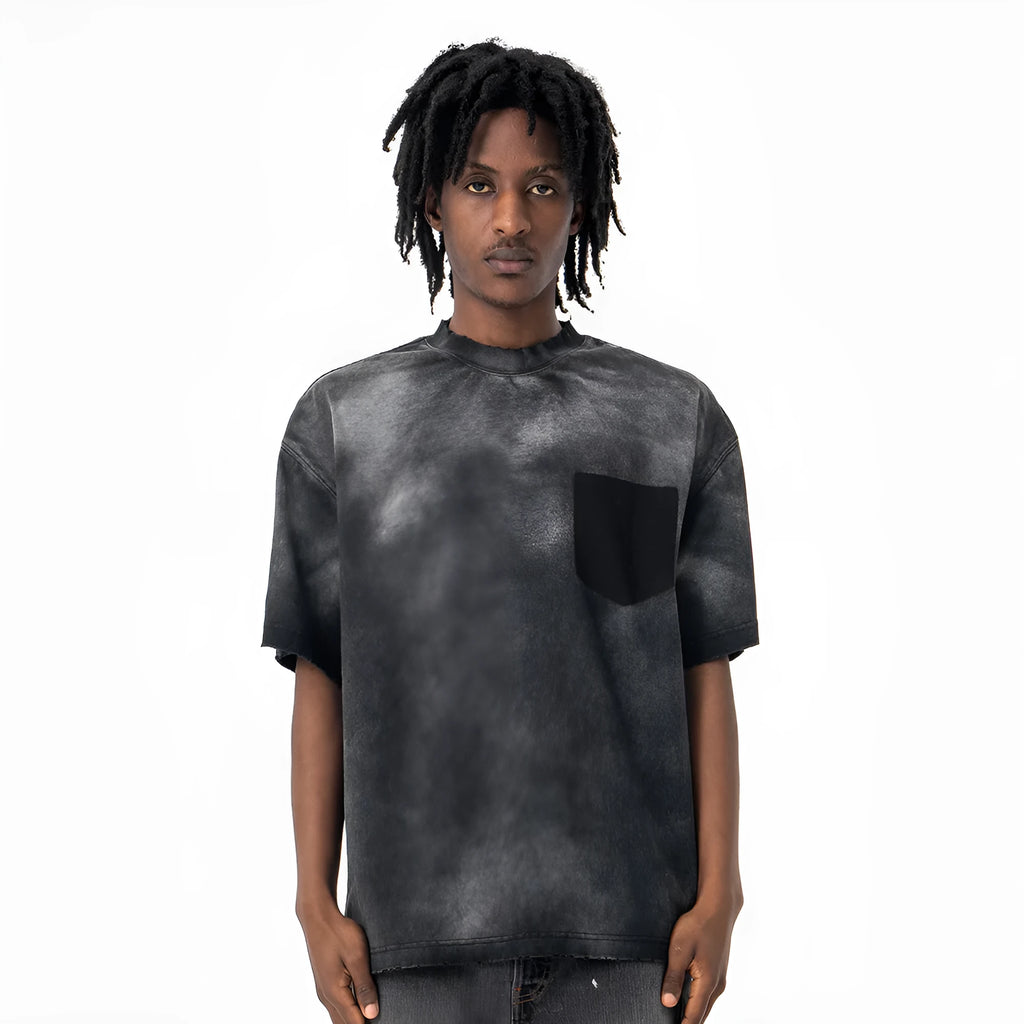 Men's black loose fit cotton t-shirt with letter print design and drop-shoulder short sleeves