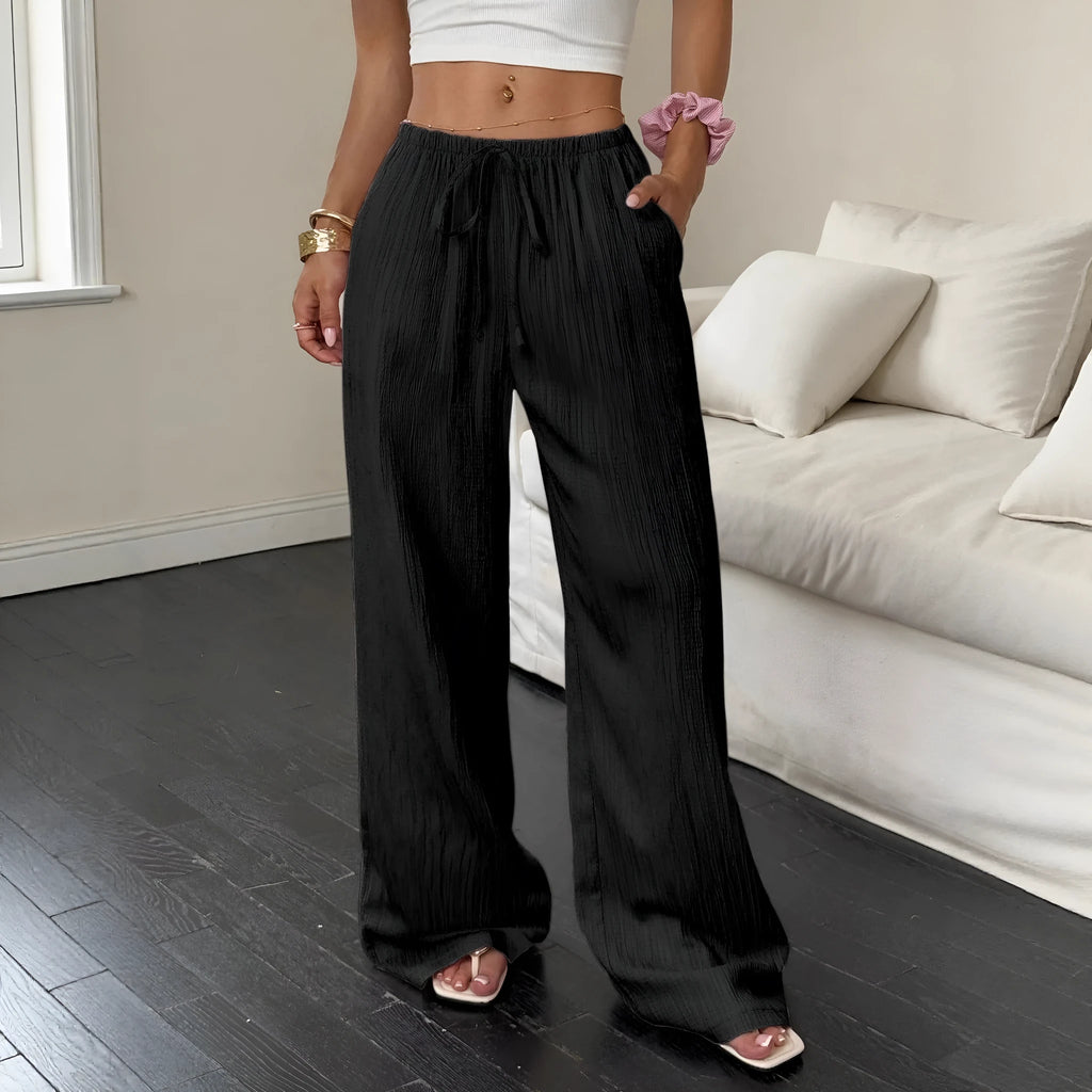 Women's wide leg trousers with lace-up waist trimming in polyester fabric