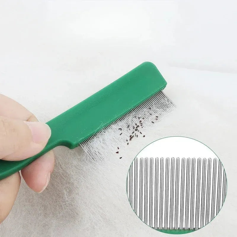 Green pet flea comb with stainless steel pins and plastic handle for dogs and cats