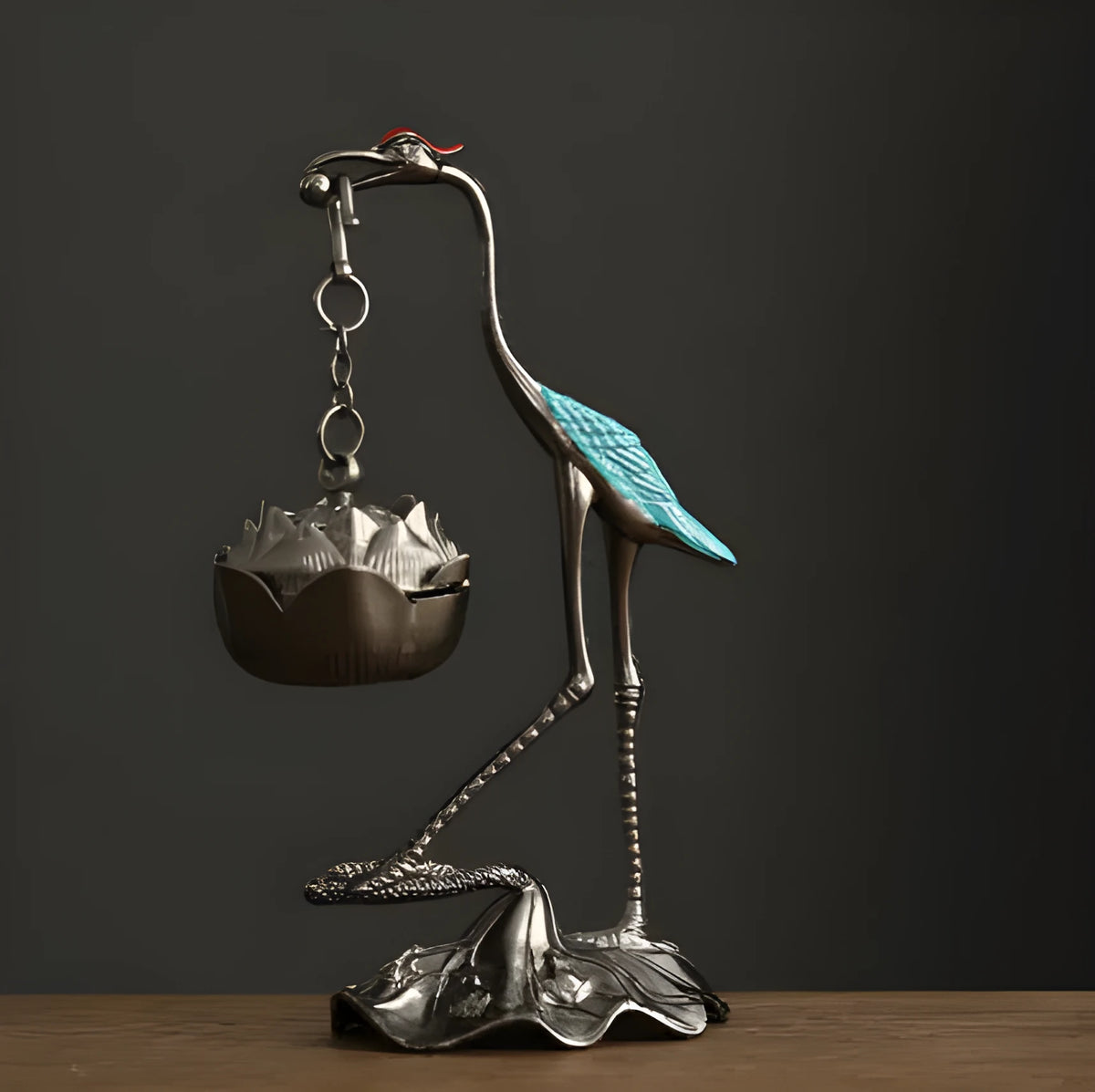 Copper alloy gourd-shaped incense burner with dragon and phoenix motifs in painted blue finish