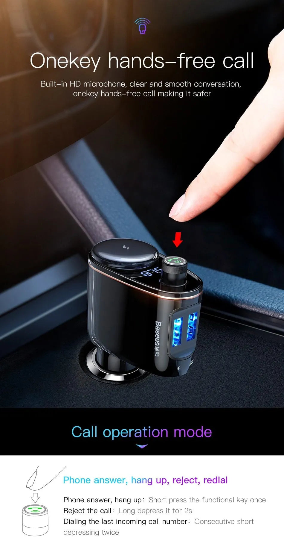 Bluetooth FM transmitter car charger with dual USB ports and voltage detection display