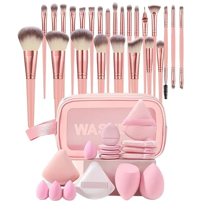 Beauty tool combination set with multiple pieces in brown, pink and purple colours for makeup and skincare