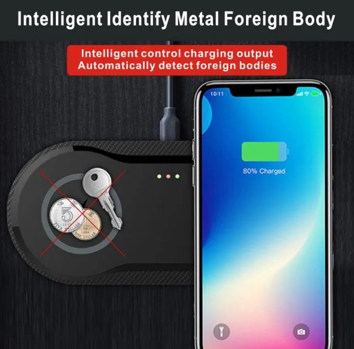 Black dual wireless charging pad charging two smartphones simultaneously with Type-C cable