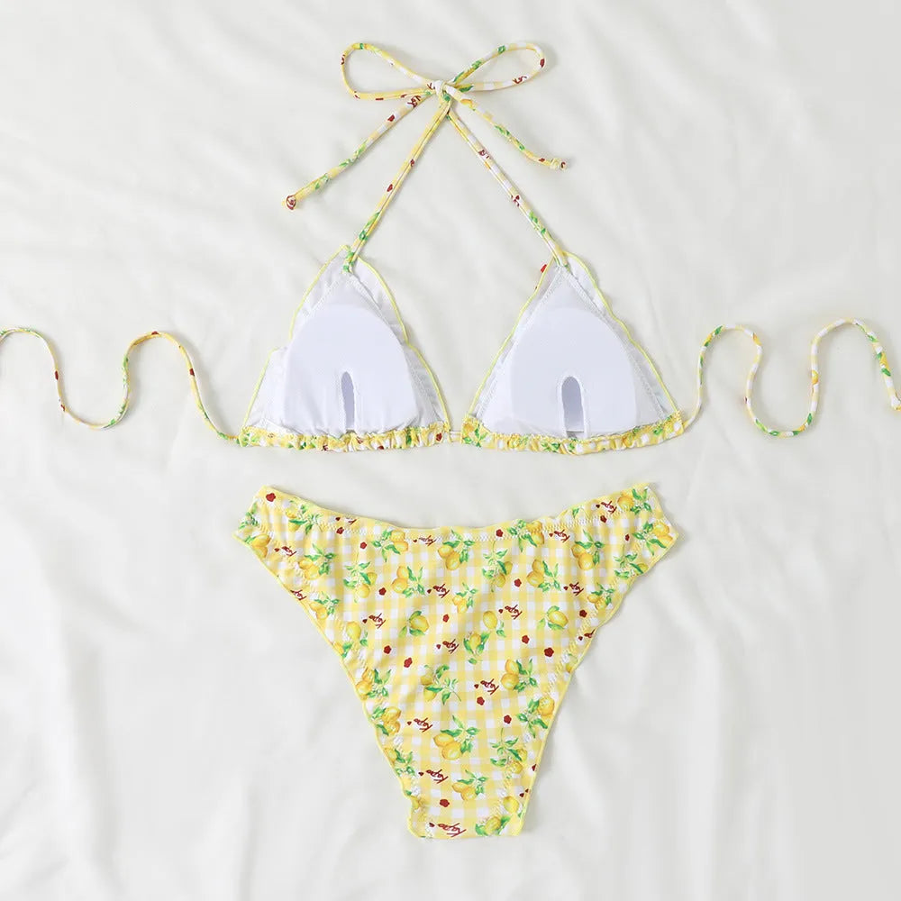 Women's bikini tight backless split swimsuit with floral pattern in high elasticity nylon polyester