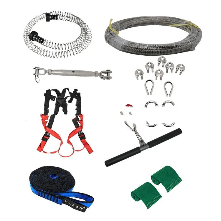 Children's outdoor pulley slide rope set with safety retractor, alloy steel pulleys, and 10-metre length