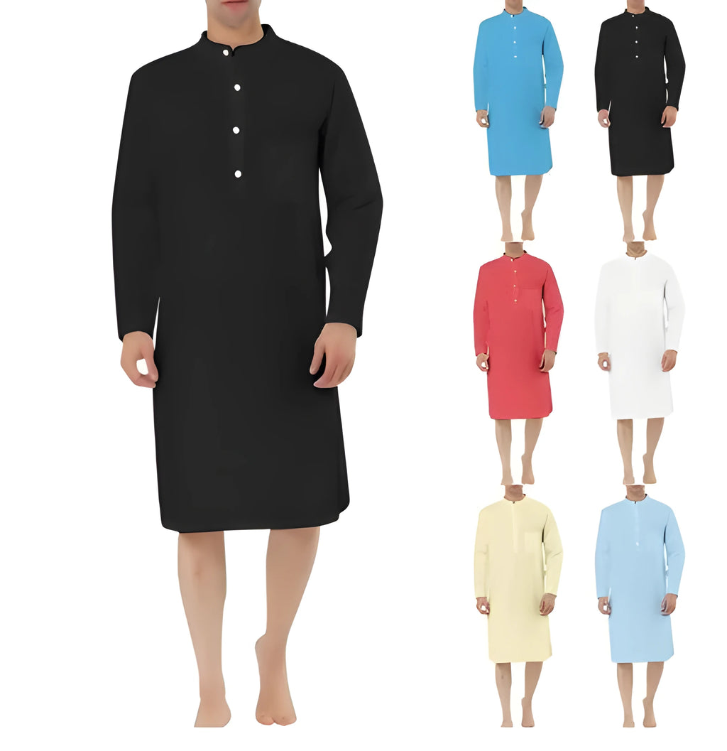 Men's cotton shirt robe in various colours showing shirt collar, front button opening, and pockets