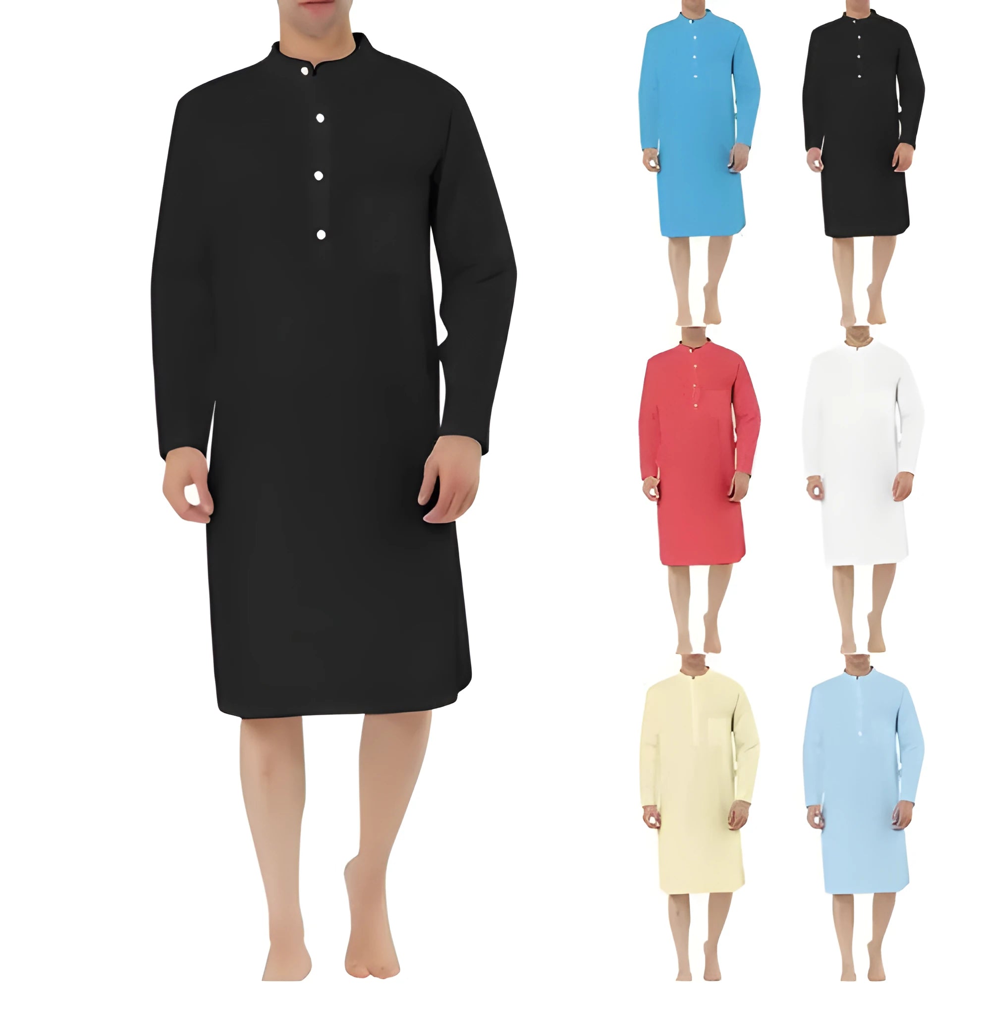 Men's cotton shirt robe in various colours showing shirt collar, front button opening, and pockets