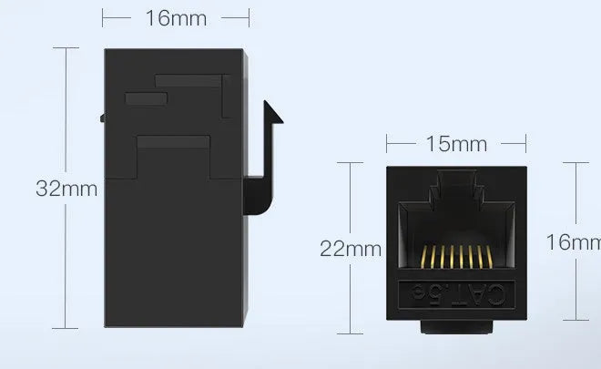 Unshielded network computer direct module pass-through connector in black, PC material