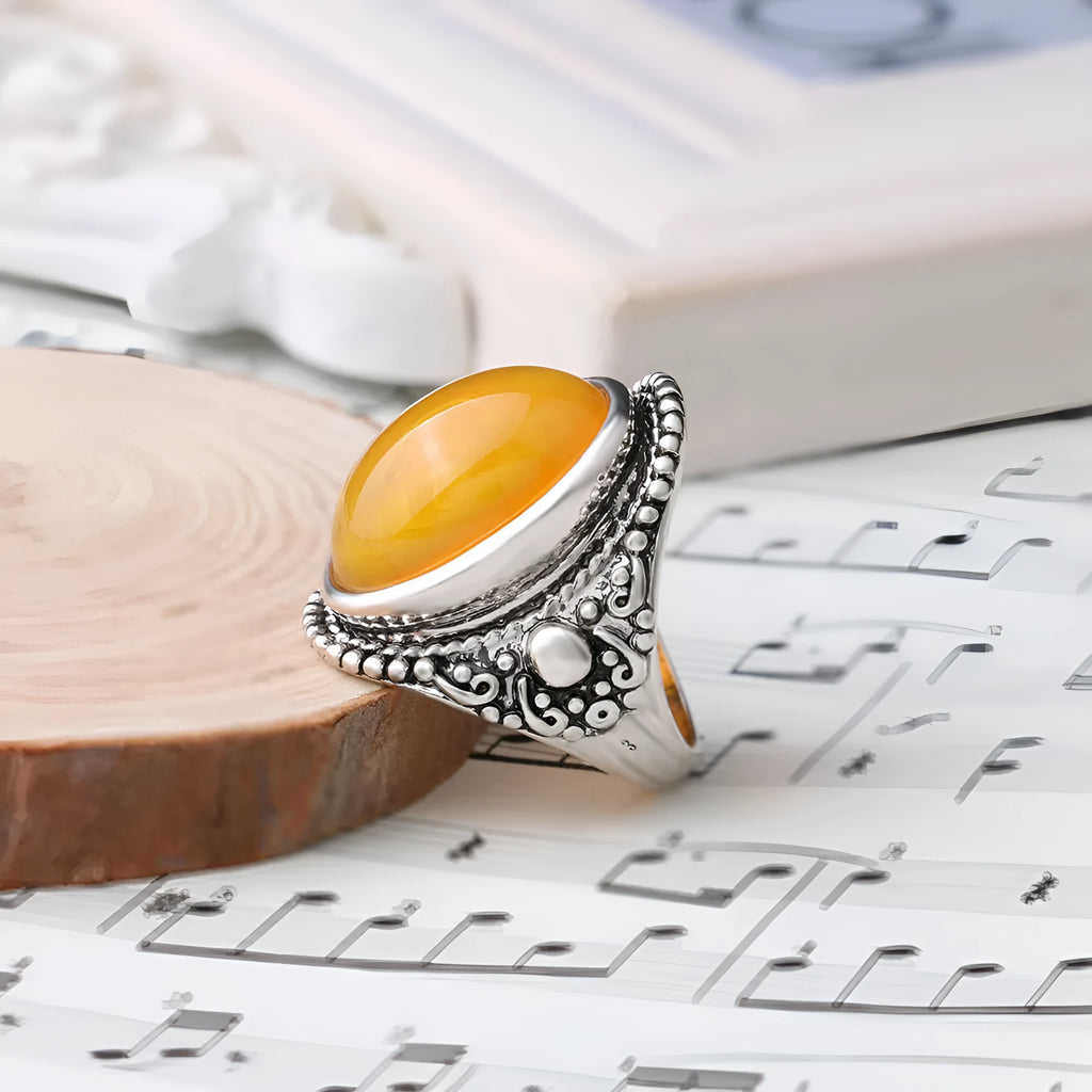 Geometric retro alloy ring with antique silver amber electroplating