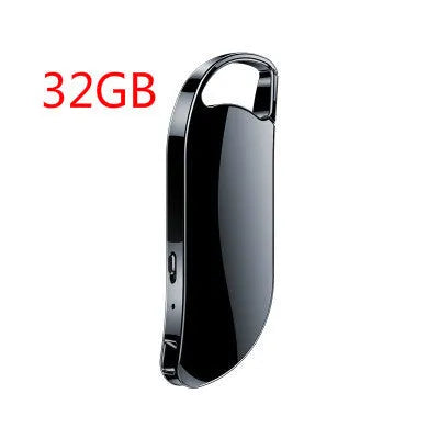 Metal keychain digital voice recorder in black on plain background showing USB port and controls
