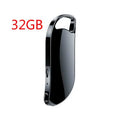 Metal keychain digital voice recorder in black on plain background showing USB port and controls