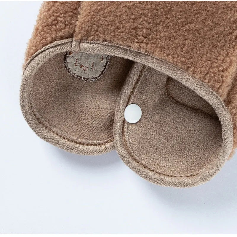 Warm fleece dog jacket with bear embroidery for small breeds, side-button closure, available in brown and white.