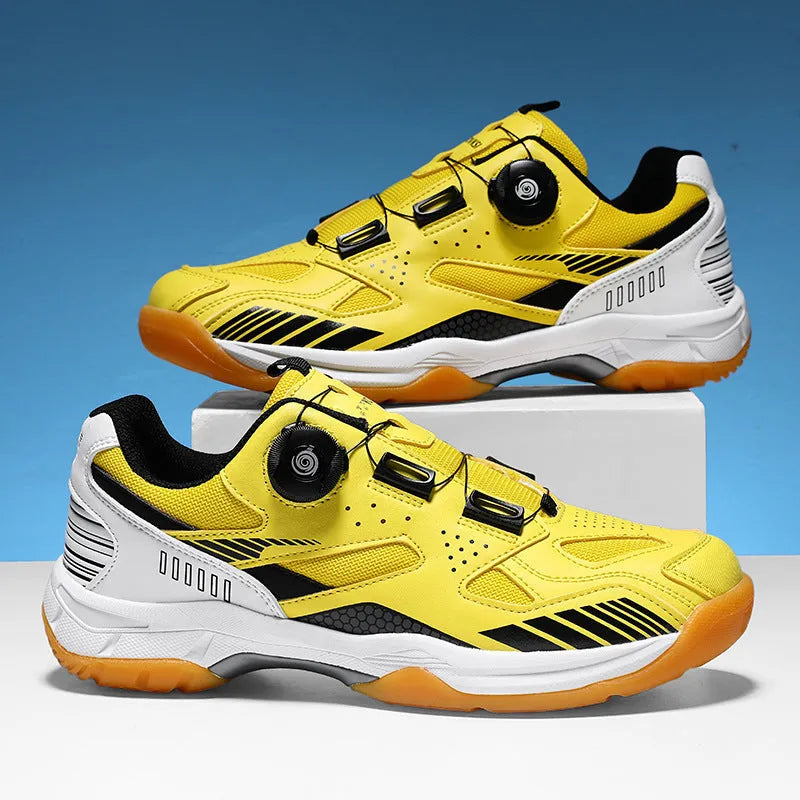 Yellow round-toe casual sneakers with microfiber and fabric upper on flat grey background