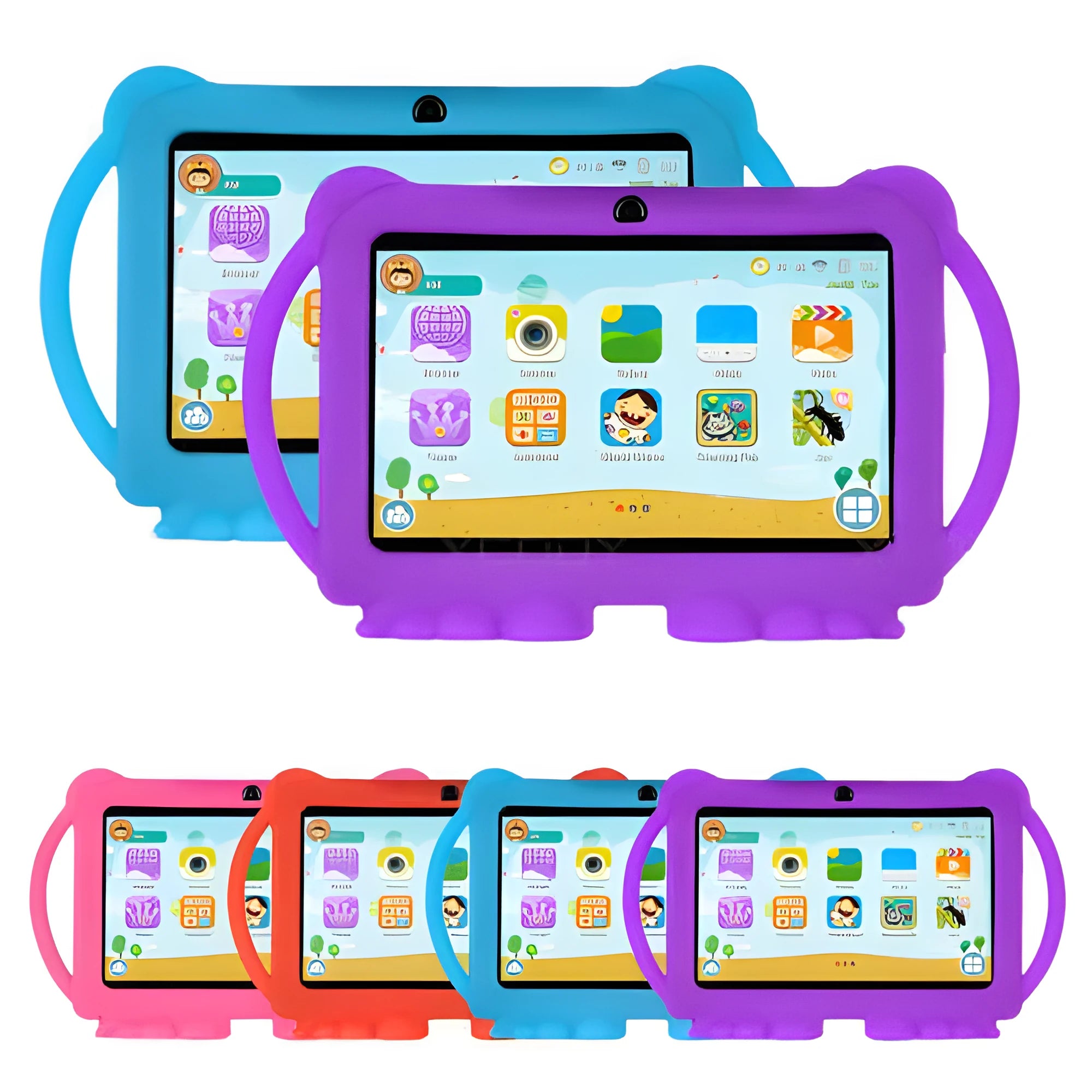 Children's 7 inch Android tablet in blue with UK plug, quad core processor, and dual camera