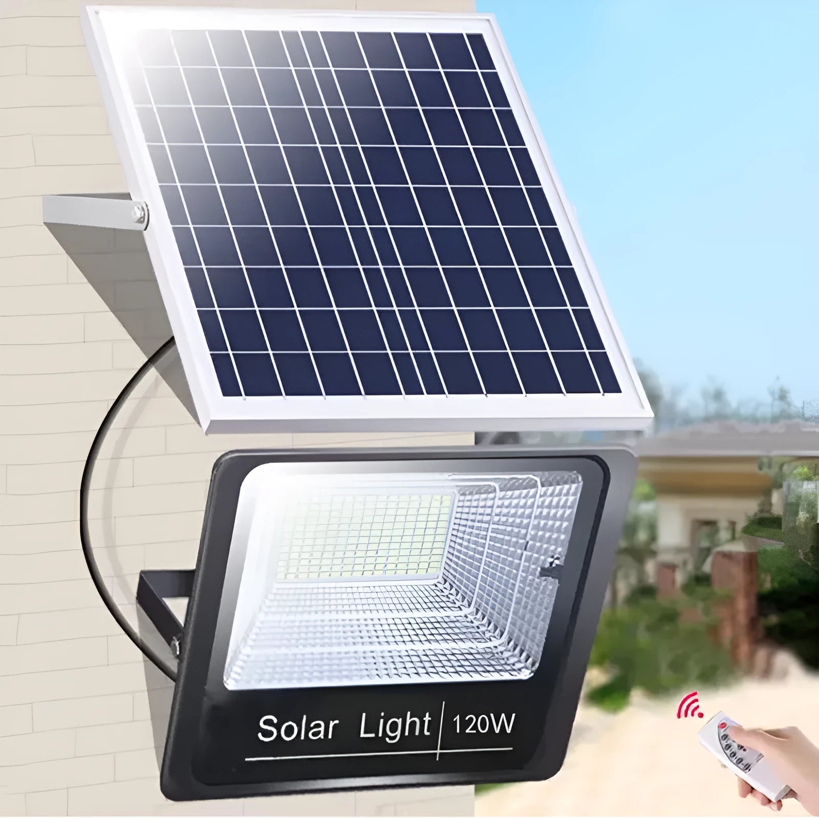 Black solar LED flood light for outdoor garden and street lighting with remote control