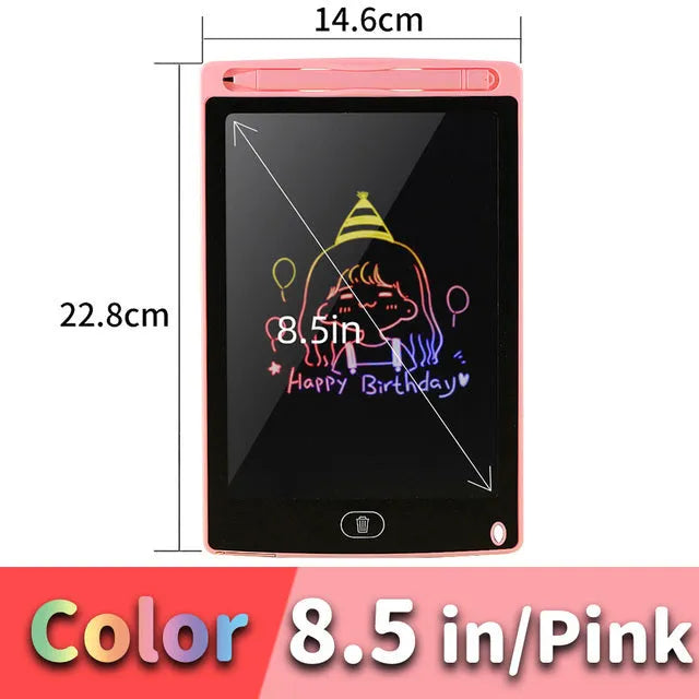LCD drawing tablet in multiple colours and sizes with plastic stylus on screen.