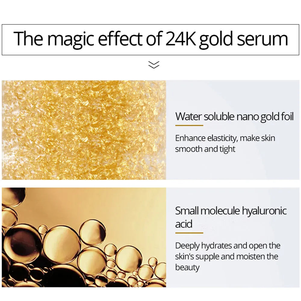 4K Gold face serum in Gold colour with 24K pure gold and hyaluronic acid for tightening, whitening and wrinkle removal.