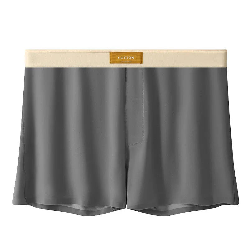 Men's solid colour loose fit ice silk boxer shorts on a mid waist, shown in dark grey.