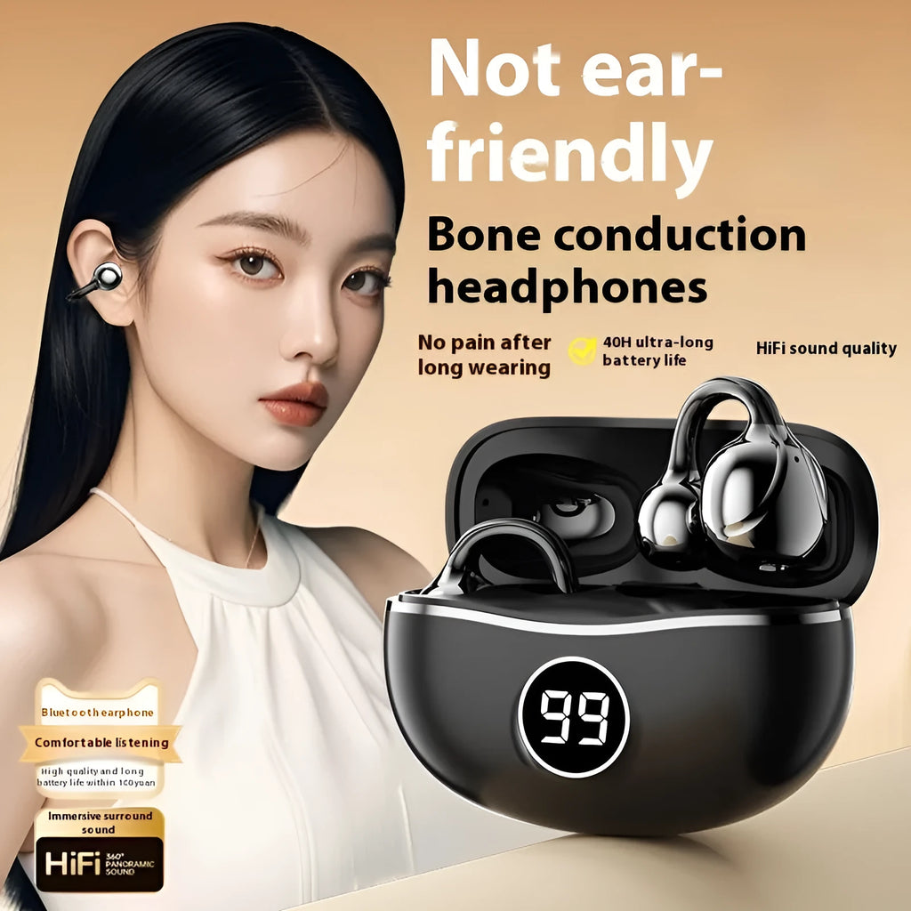 D151 Digital Display Bluetooth Headset Wireless Bone Conduction Non In-ear Sports Style in Apricot