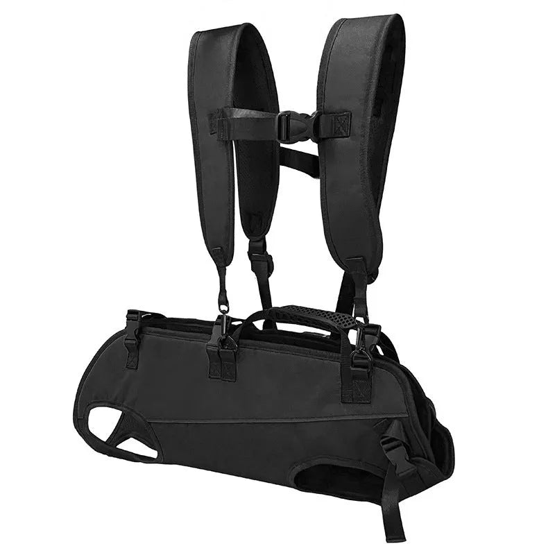 Multifunctional soft Oxford cloth pet backpack stretcher carrier in black with blue trim, shown in backpack mode.