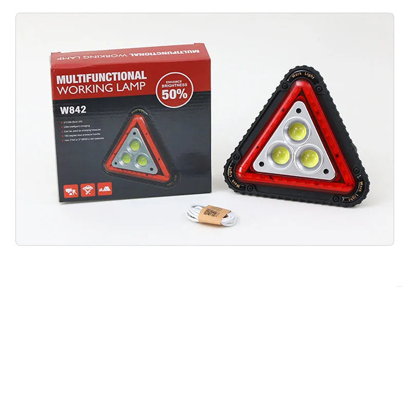 Triangular red warning light, ABS body, 20W COB+LED, rechargeable 18650, hand pressure, with USB cable and four AA batteries