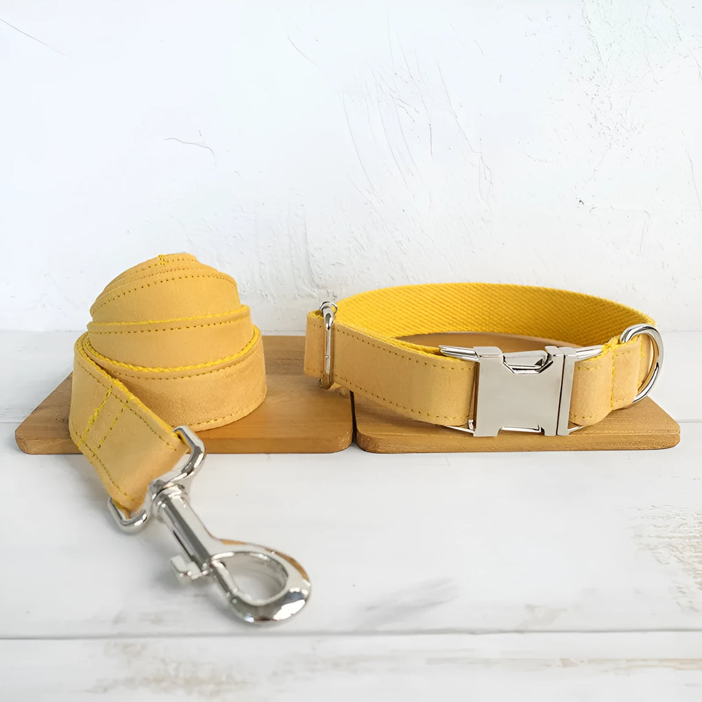 Yellow velvet adjustable dog collar with polyester construction, shown in five sizes from XS to XL
